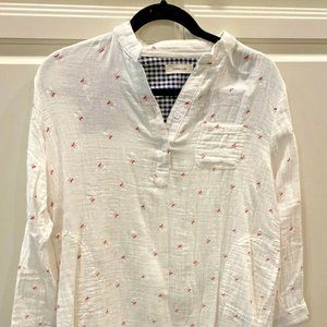 ETERNAL FLOW Gauzy Popover Blouse Sz Large Crinkle Cotton White w/ Red 1 Pocket